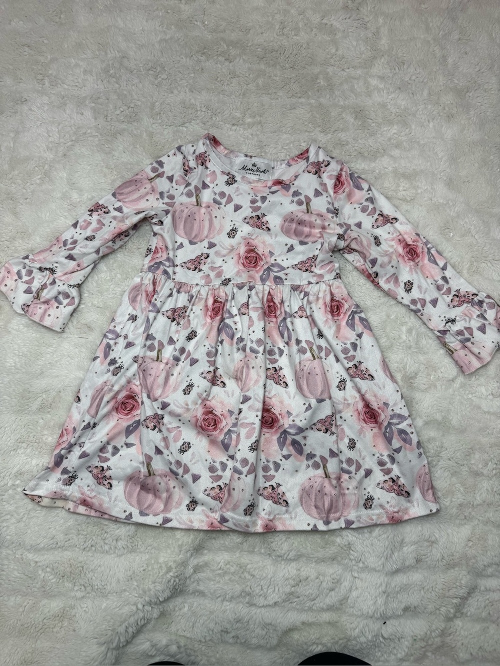 Marie Nicole Girls Pink Floral Pumpkin Long-Sleeve Dress